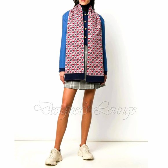 NEW GUCCI GG HEARTS & STARS Violet Navy Red Wool Long Scarf $490 Authentic - Picture 5 of 7